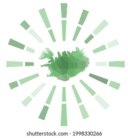 Iceland sunburst. Low poly striped rays and map of the country. Neat vector illustration.