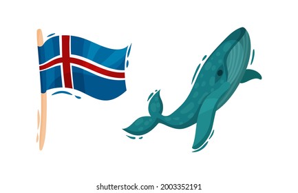 Iceland Symbols with Flag on Pole and Blue Whale Vector Set