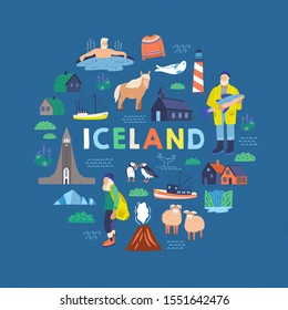 Iceland symbols flat vector illustrations. Tourist postcard decorative design element. Traditional Islandic people, animals and national landmarks composition with colorful typography.