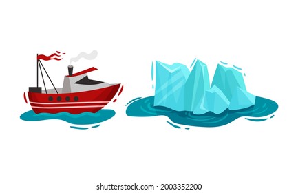 Iceland Symbols with Sailing Ship and Iceberg Vector Set