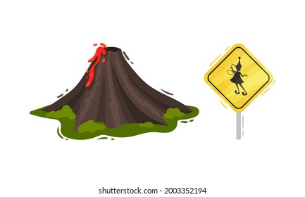 Iceland Symbols with Volcano Eruption and Fairy Sign Vector Set