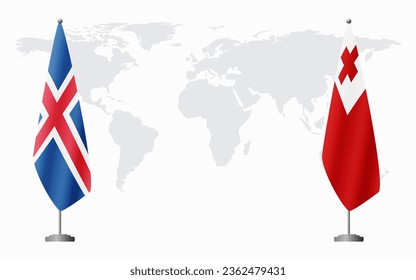 Iceland and Tonga flags for official meeting against background of world map.