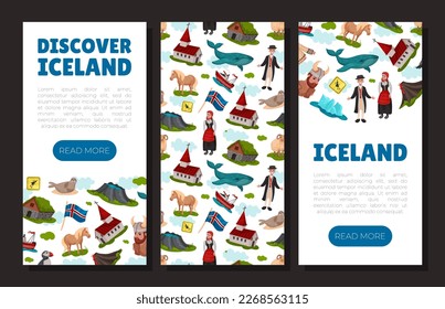 Iceland Travel Banner Design with Country Symbols Vector Template