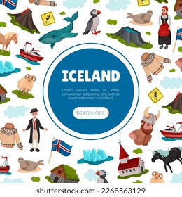 Iceland Travel Banner Design with Country Symbols Vector Template