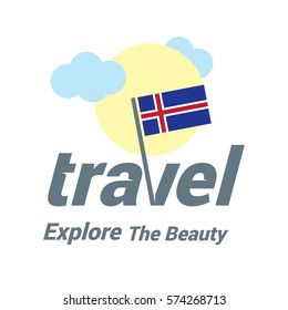 Iceland Travel Country Flag Logo. Explore the The Beauty lettering with Sun and Clouds and creative waving flag. travel company logo design - vector illustration