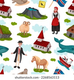 Iceland Travel Seamless Pattern with Country Symbols Vector Template