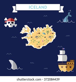Iceland treasure map in flat design. Colorful cartoon treasure map of Iceland with flat design icons of pirate ship and jolly roger. Iceland flat design vector illustration.