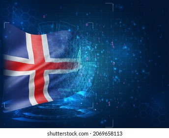Island, Vektor-3D-Flagge auf blauem Hintergrund mit huschen Schnittstellen