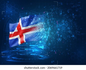 Iceland, vector 3d flag on blue background with hud interfaces