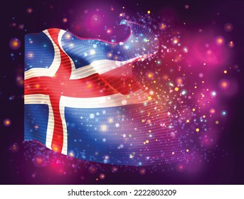 Iceland, vector 3d flag on pink purple background with lighting and flares