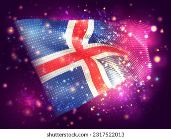 Island, Vektor-3D-Flagge auf rosafarbenem violettem Hintergrund mit Beleuchtung und Aromen