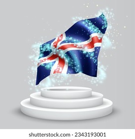 Iceland, vector 3d flag on the podium surrounded by a whirlwind of magical radiance