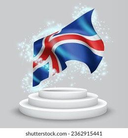 Island, Vektor-3D-Flagge auf dem Podium, umgeben von einem Wirbelwind magischer Strahlung