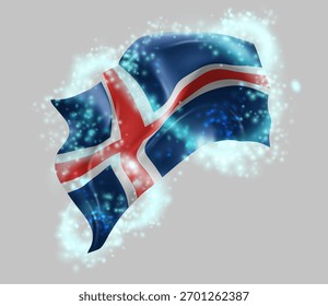 Iceland, vector 3d flag in whirlwind of magical radiance