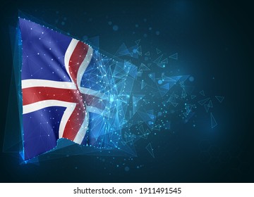 Iceland,  vector flag, virtual abstract 3D object from triangular polygons on a blue background