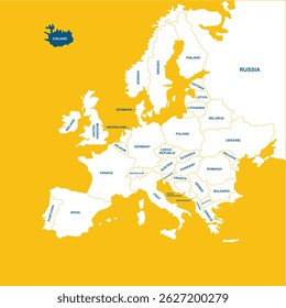 Iceland vector map, Europe, vector map silhouette illustration isolated on Europe map. Editable blank vector map of Europe. 