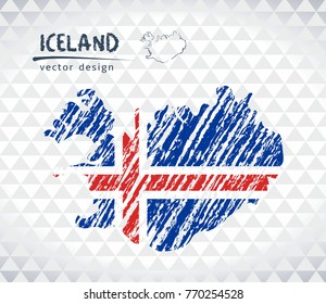 Iceland vector map with flag inside isolated on a white background. Sketch chalk hand drawn illustration