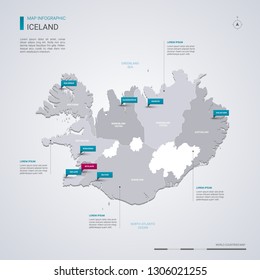 Iceland vector map with infographic elements, pointer marks. Editable template with regions, cities and capital Reykjavik. 