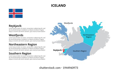 Iceland vector map infographic template divided by countries. Slide presentation.