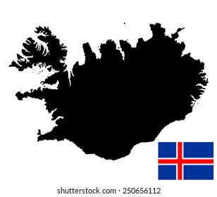 Iceland vector map isolated on white background silhouette. High detailed illustration. National flag of Iceland with correct proportions and color scheme (raster illustration)