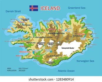 Iceland vector map. Travel illustration with towns and regions, rivers, lakes, glaciers, seas and oceans. Marks with the main tourist attractions