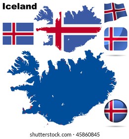 Iceland vector set. Detailed country shape with region borders, flags and icons isolated on white background.