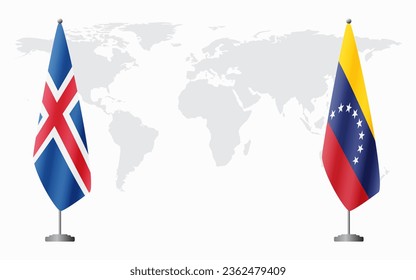 Iceland and Venezuela flags for official meeting against background of world map.