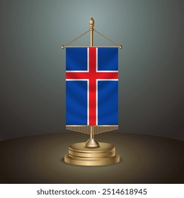 Iceland Vertical table flag with golden pole on dark gradient background, Template banner vector Illustration