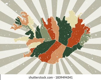 Iceland vintage map. Grunge poster with map of the country in retro color palette. Shape of Iceland with sunburst rays background. Vector illustration.