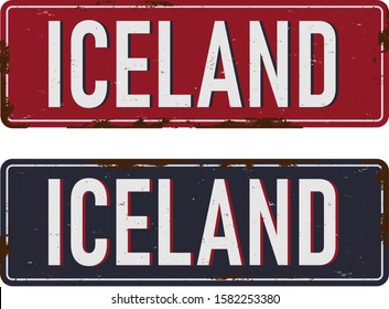 Iceland Vintage metal sign board graphics set. Rusty effect tin plate