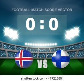 Iceland vs Finland soccer ball in flag design on stadium background for football tournament , this image for sport match template or banner in vector illustration