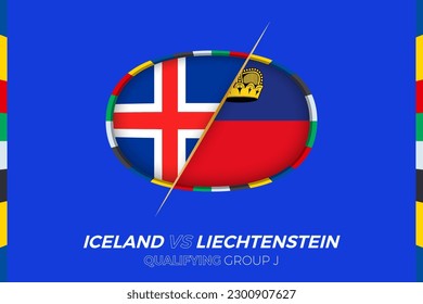 Iceland vs Liechtenstein icon for European football tournament qualification, group J. Competition icon on the stylized background.