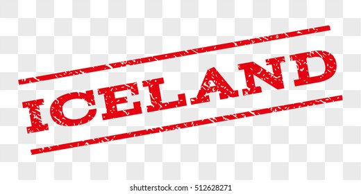 Iceland watermark stamp. Text caption between parallel lines with grunge design style. Rubber seal stamp with unclean texture. Vector red color ink imprint on a chess transparent background.