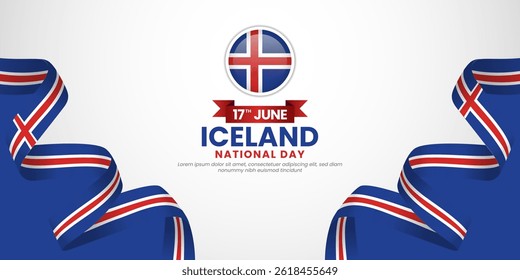 Iceland waving ribbon flag for National day background. Template for Independence day banner design