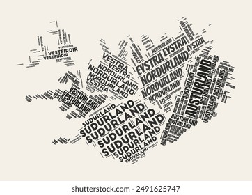 Iceland Word Cloud. Country with regions division. Iceland typographic text clouds vector image design. Vintage gazette style country shape image. Elegant vector illustration.