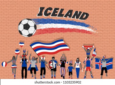 Icelander football fans cheering with Iceland flag colors in front of soccer ball graffiti. All the objects are in different layers and the text types do not need any font. 