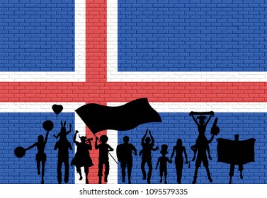 Icelander supporter silhouette in front of brick wall with Iceland flag. All the objects, silhouettes and the brick wall are in different layers. 