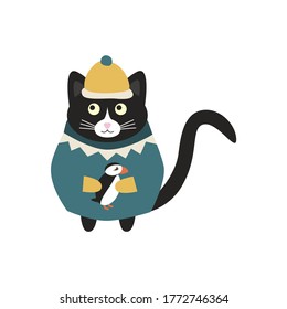 Сute icelandic black and white cat in a yellow cap, green sweater and a puffin in his paws. Doodle flat illustration vector.