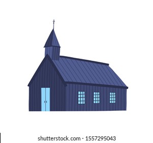 Icelandic church flat vector illustration. Old chapel, wooden plank cathedral. Simple religious building exterior. Antique sanctuary color design element. Ancient kirk isolated on white background.