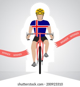 Icelandic cyclist in front view crossing red finish line vector isolated illustration