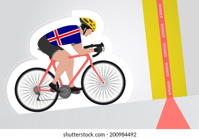 Icelandic cyclist riding upwards to finish line vector isolated illustration