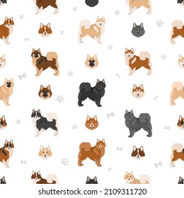 Icelandic dog seamless pattern. Different poses, coat colors set.  Vector illustration