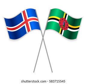 Icelandic and Dominican crossed flags. Iceland combined with Dominica isolated on white. Language learning, international business or travel concept.