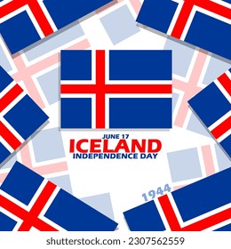 Icelandic flags with bold text on a white background to commemorate Iceland Independence Day on June 17