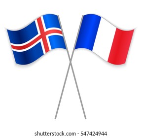 Icelandic and French crossed flags. Iceland combined with France isolated on white. Language learning, international business or travel concept.