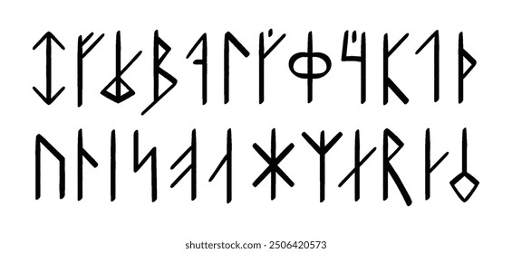 Futhark islandés con runas nórdicas. Símbolos antiguos mágicos.	