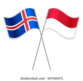 Icelandic and Indonesian crossed flags. Iceland combined with Indonesia isolated on white. Language learning, international business or travel concept.