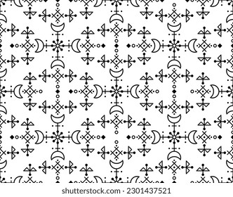 Icelandic inspired folk art vector seamless pattern with geometric tribal line art designs, moons and flowers. Black and white cool wallpaper background, black and white Nordic decorative ornament

