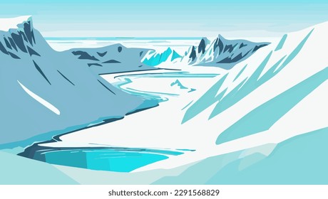 Icelandic landscape with glacier, lake and mountains. Vector illustration