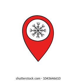 Icelandic magic runic sign (Aegishjalmur), doodle icon, map pointer